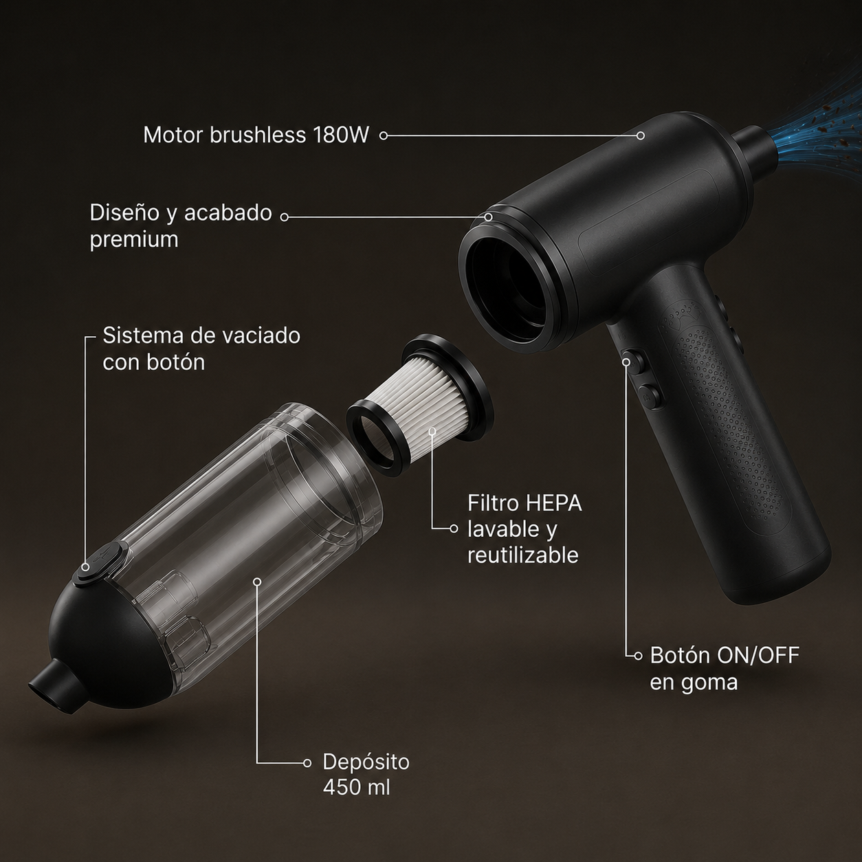 Aspiradora y sopladora portátil Avera® 3 en 1 Black Edition